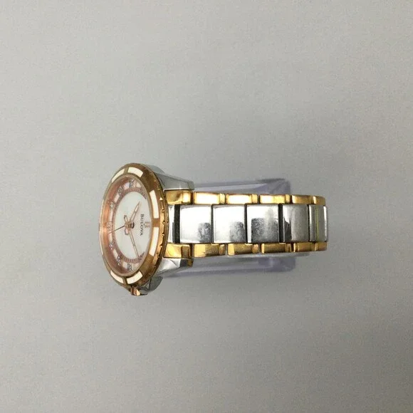 Bulova Womens Watch 33mm Two Tone 98P134 MOP Dial Diamonds New Battery 6.5" - Picture 4 of 14